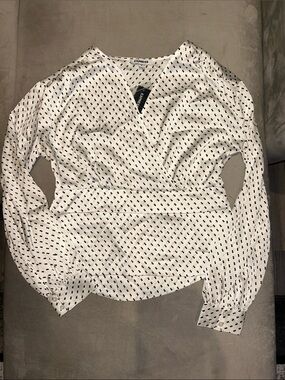 Express White Wrap-Style Polka Dot Long Sleeve Blouse